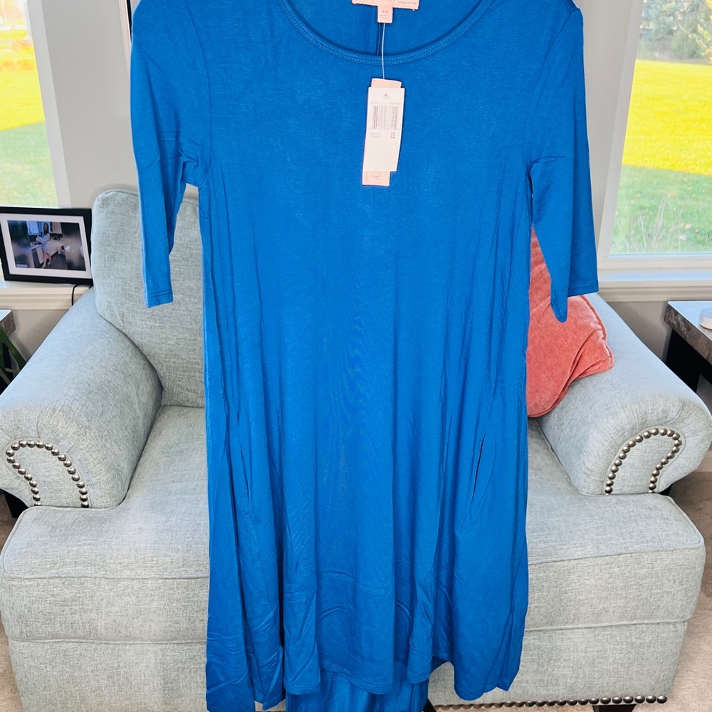 Elbow SLV crew neck swing dress, by philosophy, color stormy seas size XS